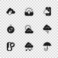Set Hail cloud, Cloud and lightning, Umbrella, Sun weather, Weather forecast app, with rain, Sunset and Compass icon Royalty Free Stock Photo