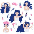 Set of hair care routine. A woman washes her hair, takes care of her hair, dries her hair.