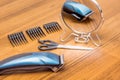 Set for hair cutting hairdressing: trimmer, scissors, mirror_ Royalty Free Stock Photo