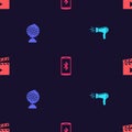 Set Hair dryer, Earth globe, Smartphone with bluetooth and Movie clapper on seamless pattern. Vector Royalty Free Stock Photo