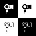 Set Hair dryer icon isolated on black and white background. Hairdryer sign. Hair drying symbol. Blowing hot air. Vector Royalty Free Stock Photo