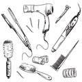 Set of hair styling tools, vector sketch Royalty Free Stock Photo