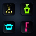 Set Hairbrush, Scissors hairdresser, Mustache and beard and Bottle of shampoo. Black square button. Vector Royalty Free Stock Photo