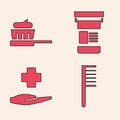 Set Hairbrush, Toothbrush with toothpaste, Medicine bottle and Cross hospital medical icon. Vector