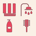 Set Hairbrush, Towel stack, Shower head and Bottle of liquid antibacterial soap icon. Vector Royalty Free Stock Photo