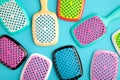 Set of hairbrushes on blue background. Flat lay Royalty Free Stock Photo