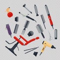 Set of hairdresser objects in flat style on transparent background. Hair salon equipment and tools logo icons, hairdryer