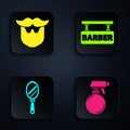 Set Hairdresser pistol spray bottle, Mustache and beard, Hand mirror and Barbershop. Black square button. Vector