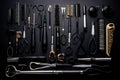 Set of hairdresser tools on black background. Top view, Full frame of professional hairdresser tools against a black background, Royalty Free Stock Photo