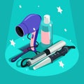 Set of hairdressing styling equipment Hair dryer, curler Royalty Free Stock Photo