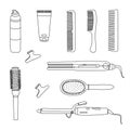 A set of hairdressing tools, curling iron, combs, styling. A sketch of accessories for a hair salon, an editable stroke