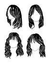 Set of hairstyles with bangs, silhouettes of stylish women\'s haircuts for long hair Royalty Free Stock Photo