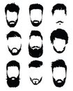 Set of hairstyles for men. Collection of black silhouettes of hairstyles and beards. Vector illustration for hairdresser