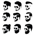 Set of hairstyles for men in glasses. Collection of black silhouettes of hairstyles and beards. Vector illustration for