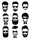 Set of hairstyles for men in glasses. Collection of black silhouettes of hairstyles and beards. Vector illustration for