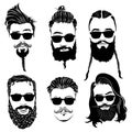 Set of hairstyles for men in glasses. Collection of black silhouettes of hairstyles and beards. Vector illustration for