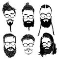 Set of hairstyles for men in glasses. Collection of black silhouettes of hairstyles and beards. Vector illustration for