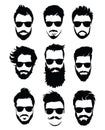 Set of hairstyles for men in glasses. Collection of black silhouettes of hairstyles and beards. Vector illustration for