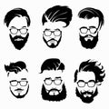 Set of hairstyles for men in glasses. Collection of black silhouettes of hairstyles and beards. Vector illustration for