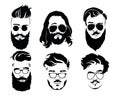 Set of hairstyles for men in glasses. Collection of black silhouettes of hairstyles and beards. Vector illustration for