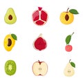 Set of half fruits. Vegetarian food, healthy eating concept. Avocado, pomegranate, peach, mango, fig, cherry, kiwi