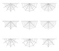 Set of half spider web isolated on white background. Halloween spiderweb elements. Collection cobweb line style. Vector