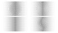 Set of halftone convex distorted gradient circle dots backgrounds. Horizontal bulging halftone dots pattern. Vector