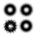Set of halftone dots vector circle shapes. Abstract dotted stippling shapes. Monochrome halftone gradient circle set.