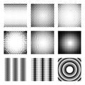 Set of halftone elements. Monochrome abstract patterns for DTP, prepress or generic concepts. Collection of retro backdrops.