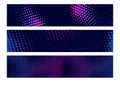 Set of halftone horizontal banners. Neon dots on a dark blue background