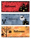 Set of halloween banners with bats and pumpkins on yellow, gray and red backgrounds. Scary Party Invitations Royalty Free Stock Photo
