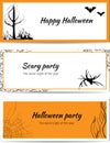 Set of Halloween banners with black plants, bats and spiders on the web. Horizontal frames for text. Scary vector illustration