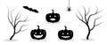 Set Halloween black silhouettes of pumpkins with smile, spider, bat and trees on white background. Symbols of happy Halloween Royalty Free Stock Photo