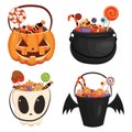 Set Halloween buckets of different shapes full of sweets. Collection of cartoon bags for collecting sweets for Halloween