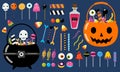 Set of Halloween candies for kids. Collection of vector isolated sweets. Halloween trick or treat bucket cauldron, pumpkin. Royalty Free Stock Photo