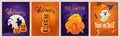 Set of Halloween cards, posters, flyers, invitations. Cute funny pumpkins, ghost, scarecrow, flags, candies. Holiday Royalty Free Stock Photo