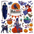 Set of Halloween cartoon characters and objects