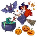 Cartoon Halloweens set characters and objects. Little witch flying on broom stick, vampire bat, cauldron, serpent