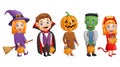 Set of halloween cartoon costumes children holding pumpkin Royalty Free Stock Photo
