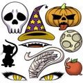 Halloween icon set. Skull, hat, pumpkin, snake, black cat, red eyes, Apple, worm. set for a holiday. Illustration. Royalty Free Stock Photo