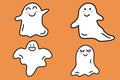 Set of halloween cute ghosts. Cartoon doodle ghost character collection isolated on orange background. Vector illustration Royalty Free Stock Photo