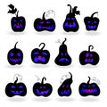 Illustration with set for Halloween, the dark silhouettes of pumpkins with glowing eyes white background