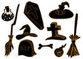 Set of halloween design elements. Broom, witch hat, coffin,grave and others. Traditional Halloween symbols