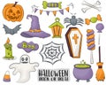 Set of Halloween design elements and icons in a cartoon style. Vector illustration Royalty Free Stock Photo