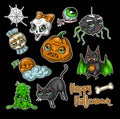 Set of halloween element patches: pumpkin, Skull, Spider, Slime, Cat, Bat, Bone . Halloween icon collection. Royalty Free Stock Photo