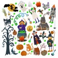 Set of Halloween elements such as monster, pumpkin, dracula, cat, house and other. Vector cartoon flat illustration.