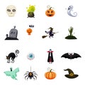 Set of halloween feast, collection of attributes halloween skull, vampire, witch cauldron, witch on broom, bat, pumpkin