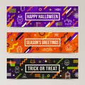 Set of Halloween greeting banners. Collection of pattern with Halloween linear signs, symbols and abstract shape.