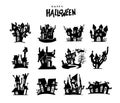 Set of Halloween haunted house. Collection of Haunted House. Hand drawn black silhouette of haunted house, ghost mansion, castle.