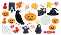 Set of Halloween icons. Collection of vector bright illustrations in cartoon flat style. Royalty Free Stock Photo